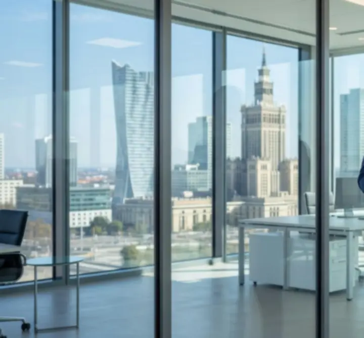 Nowoczesne biuro z dużymi, czystymi przeszklonymi oknami