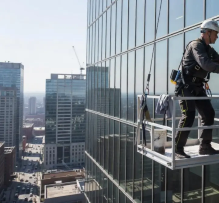 Czyściciel okien Clean Window Home pracujący na wysokości