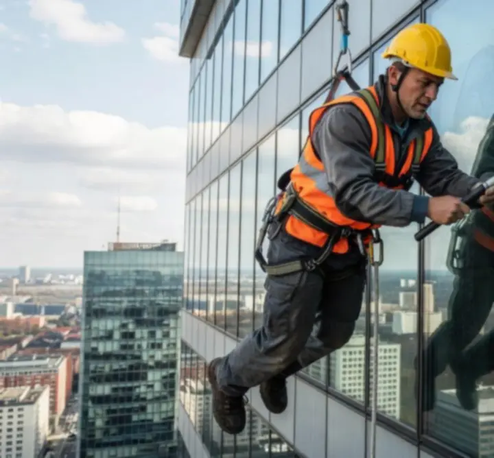 Ekipa myjąca okna na dużej wysokości na szklanym budynku