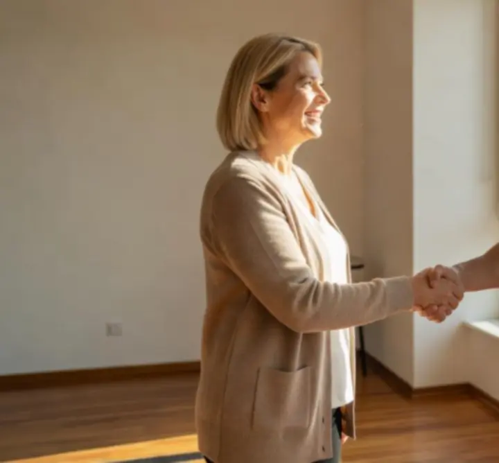 Zadowolony klient stojący przy lśniąco czystym oknie po zakończonej usłudze