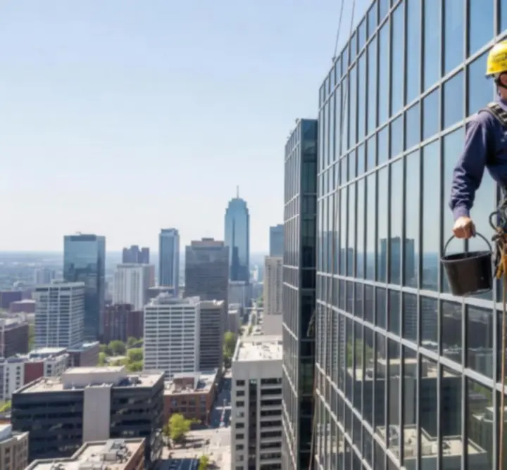 Mycie okien na wysokości na szklanym wieżowcu